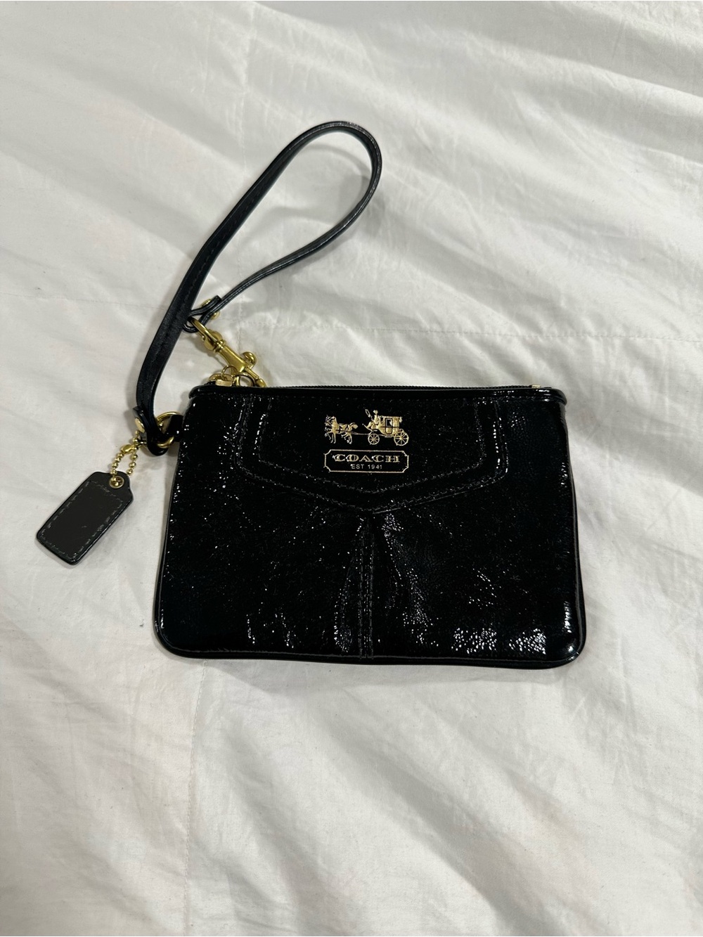 Coach Black Patent Leather Wristlet with Gold Hardware